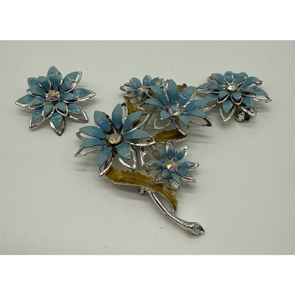 Vintage Coro Flower brooch And Clip On Earrings Blue Enamel set 1950's signed